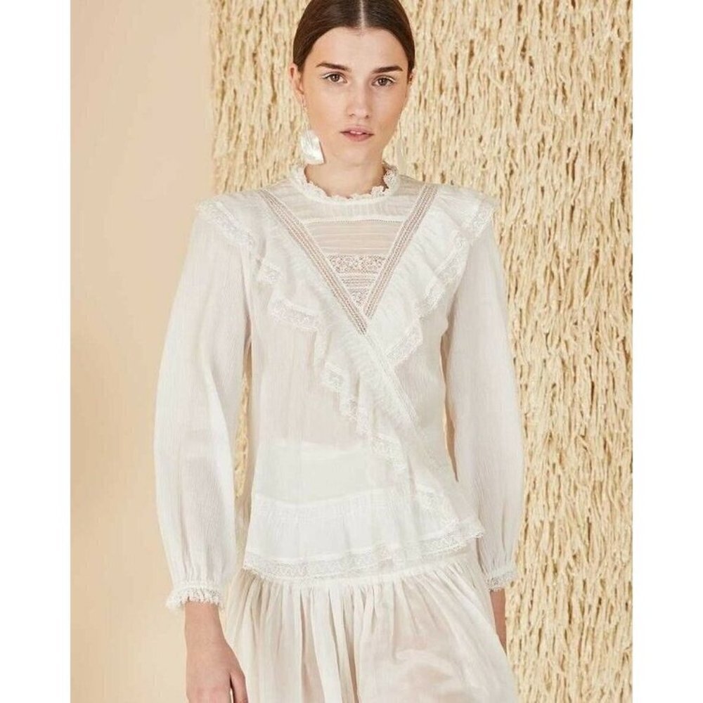 ULLA JOHNSON 2 Bonnie Blouse Long Sleeve Top Cotton Lace Boho White 2